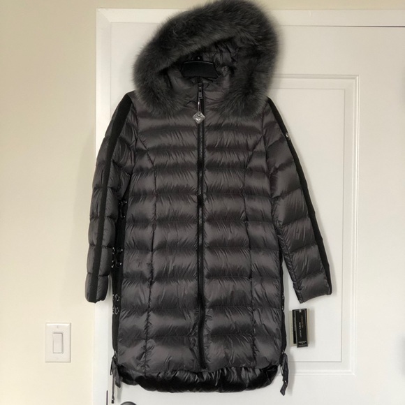 1 Madison Real Fur Down Coat W/ Grommet Detail - Picture 6 of 10